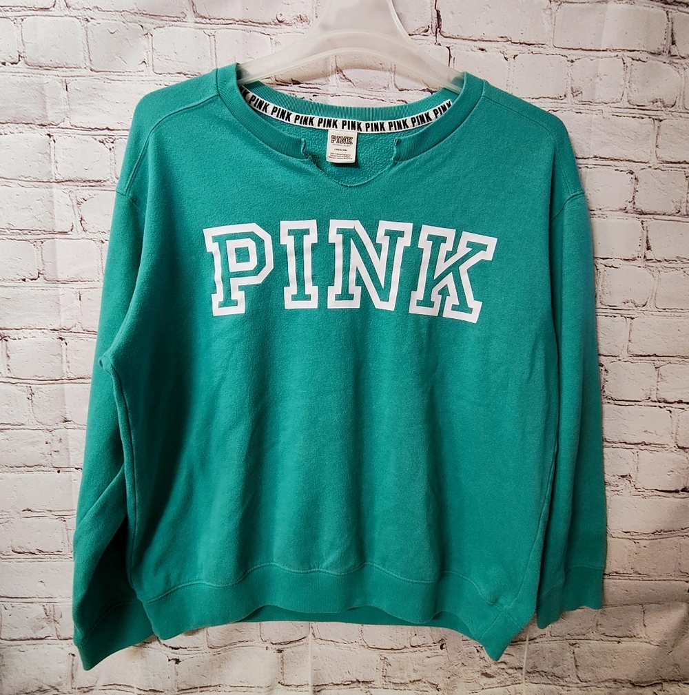 VS PINK Victoria's Secret Logo Pullover Teal Beachy Henley Pullover Cozy Y2K